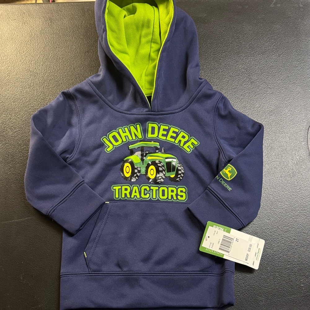 NWT John Deere Navy Hoodie with Lime Green Lined Hood & Tractor Graphic